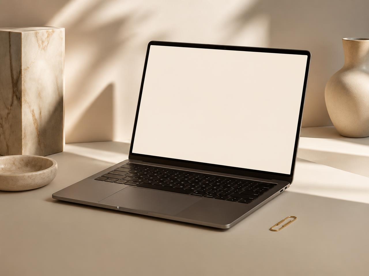 Warm ivoorkleurig bureau met laptop, als beeld voor een bedrijfswebsite